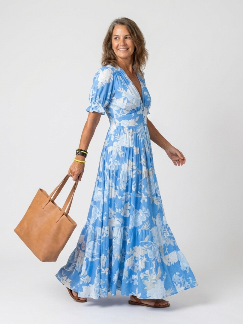 Iyoni | Short Sleeve V Neck Floral Midi Dress