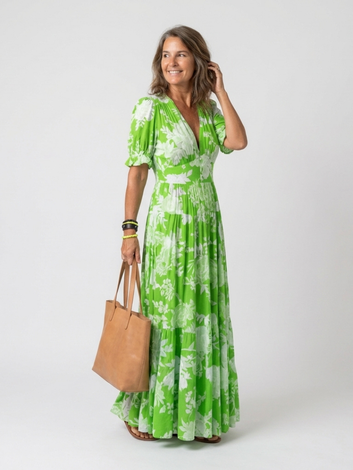 Iyoni | Short Sleeve V Neck Floral Midi Dress