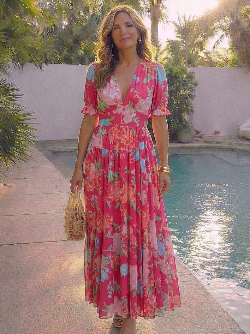 Iyoni | Short Sleeve V Neck Floral Midi Dress