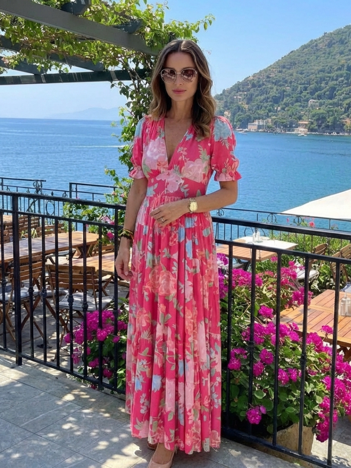 Iyoni | Short Sleeve V Neck Floral Midi Dress