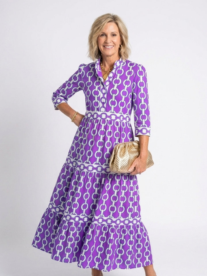 Isolde | Three Quarter Sleeve Chain Pattern Midi Dress