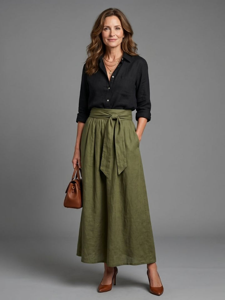 Veda | Two Piece Set Black Blouse Olive Green Midi Skirt