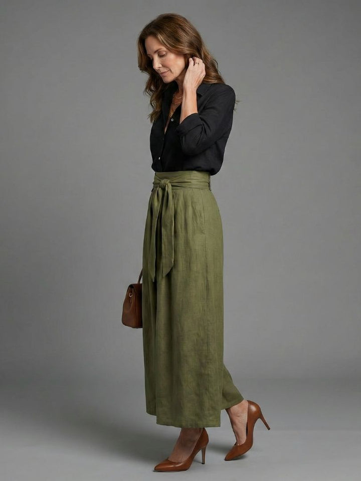 Veda | Two Piece Set Black Blouse Olive Green Midi Skirt