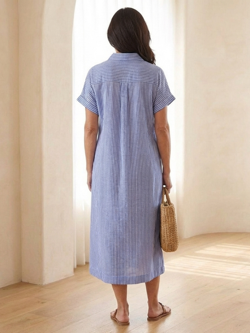 Lenea | Striped Button Front Short Sleeve Midi Dress