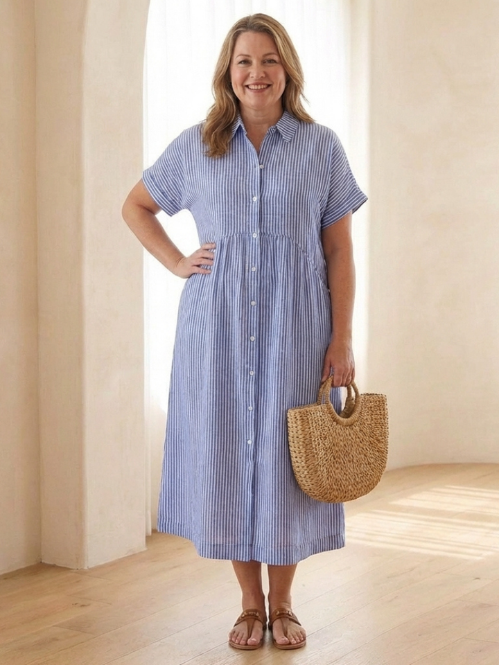 Lenea | Striped Button Front Short Sleeve Midi Dress