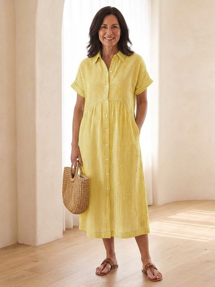 Lenea | Striped Button Front Short Sleeve Midi Dress