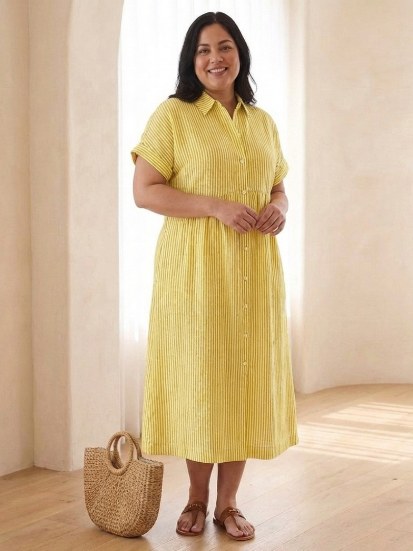 Lenea | Striped Button Front Short Sleeve Midi Dress