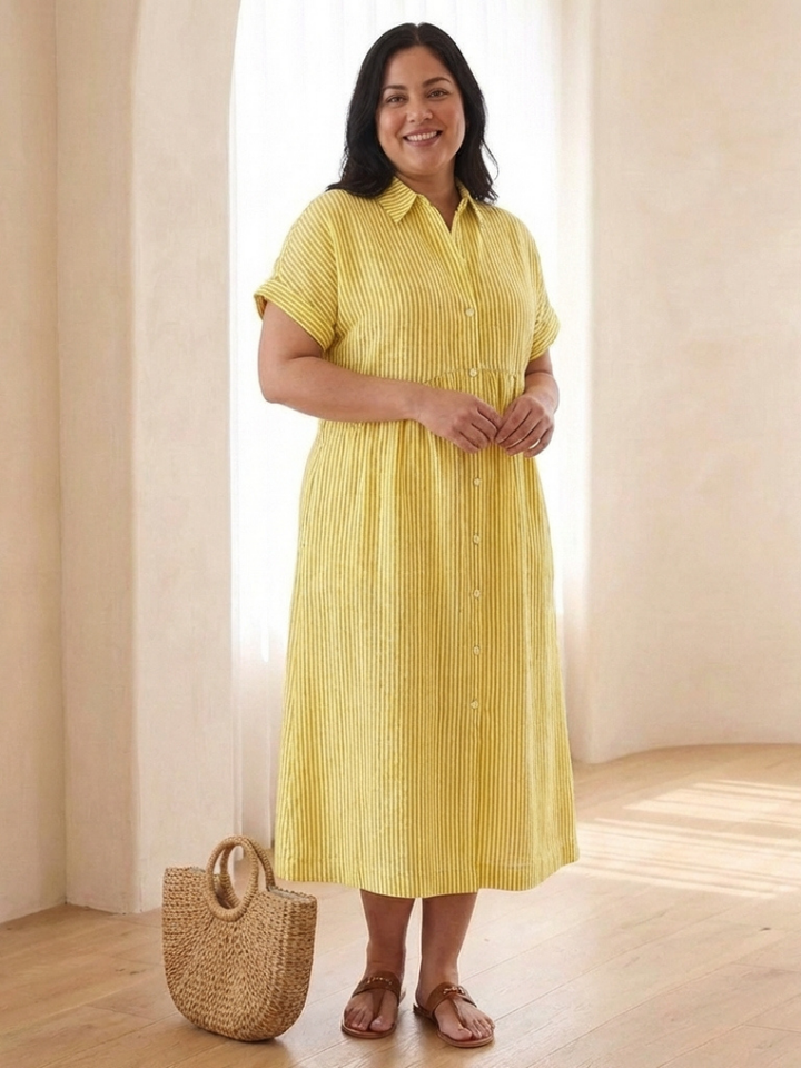Lenea | Striped Button Front Short Sleeve Midi Dress
