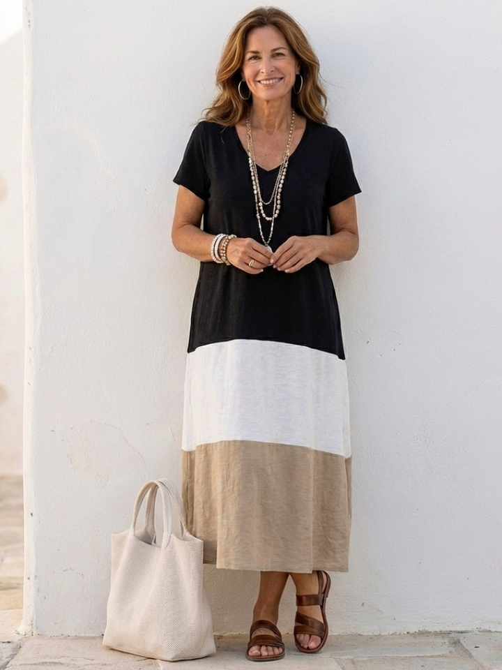 Thalie | Short Sleeve Color Block V Neck Midi Dress