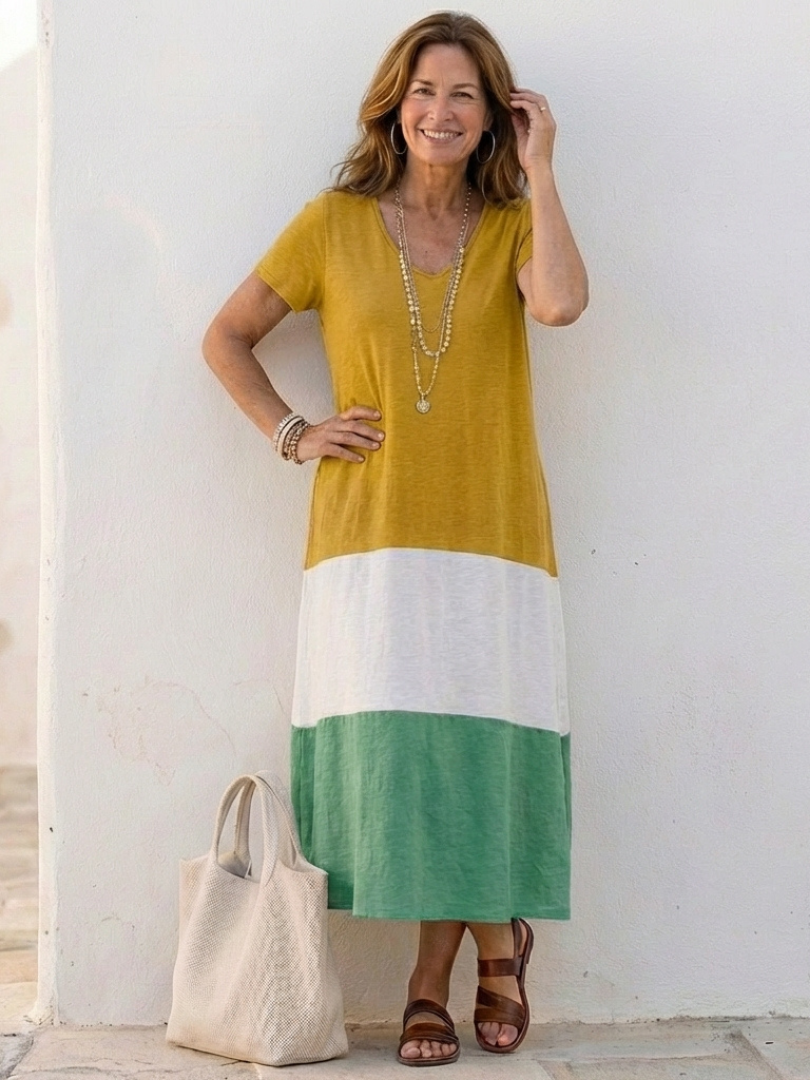 Thalie | Short Sleeve Color Block V Neck Midi Dress