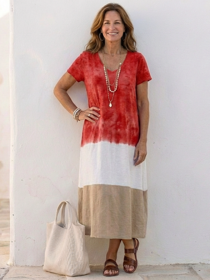 Thalie | Short Sleeve Color Block V Neck Midi Dress