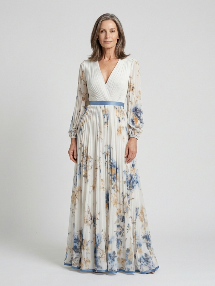 Lavine | Long Sleeve V Neck Floral Maxi Dress