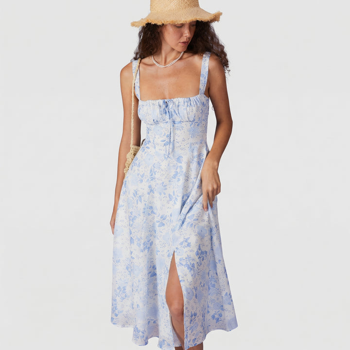Rosalind | Square Neck Floral Ruched Midi Dress