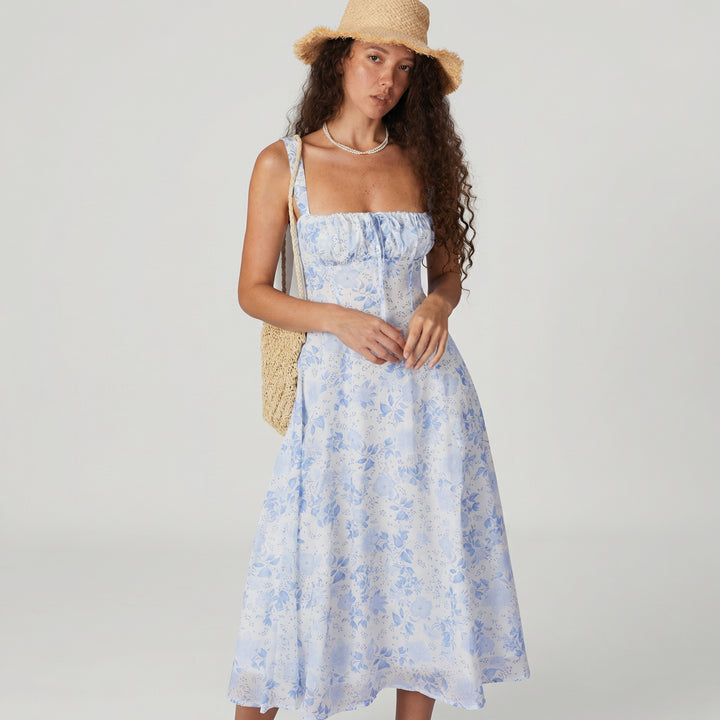 Rosalind | Square Neck Floral Ruched Midi Dress