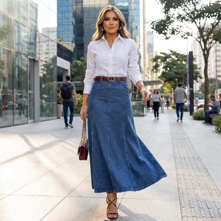 The Clara Artisan | High-Waist A-Line Denim Maxi Skirt